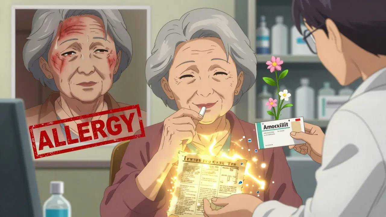 An elderly woman taking a pill to confirm she's not allergic to penicillin, old medical records dissolving into confetti.