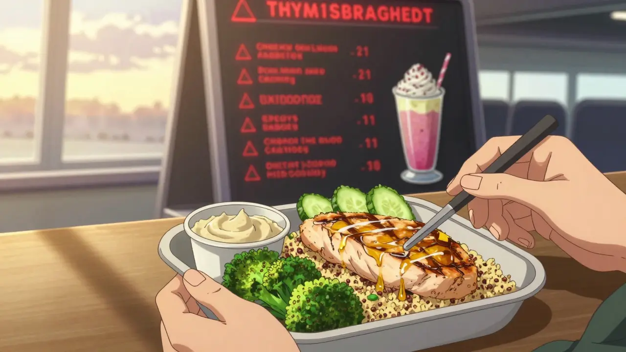 Balanced airport meal of grilled chicken, broccoli, and hummus with warning labels on unhealthy options behind.