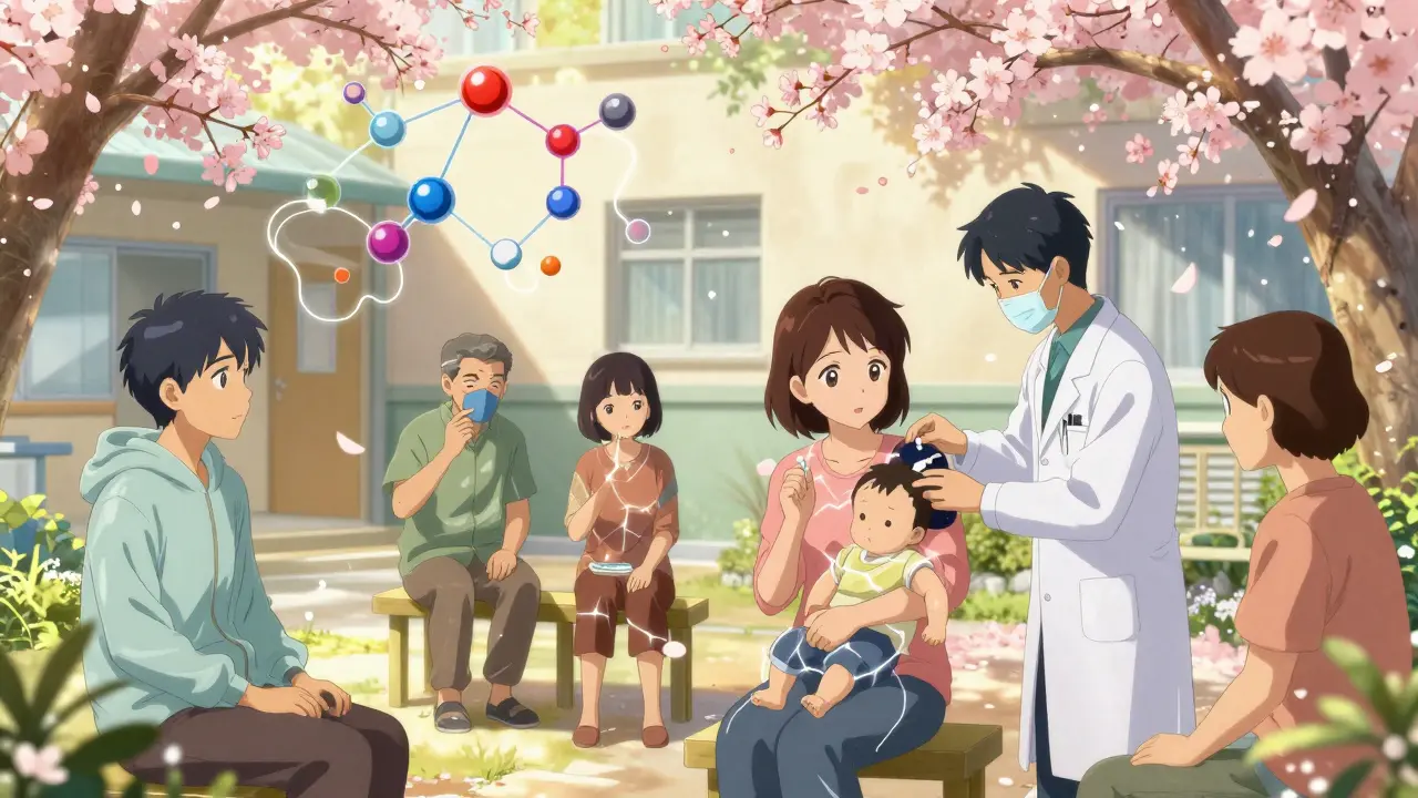 Diverse lupus patients in clinic courtyard connected by glowing immune signals and drug molecules.