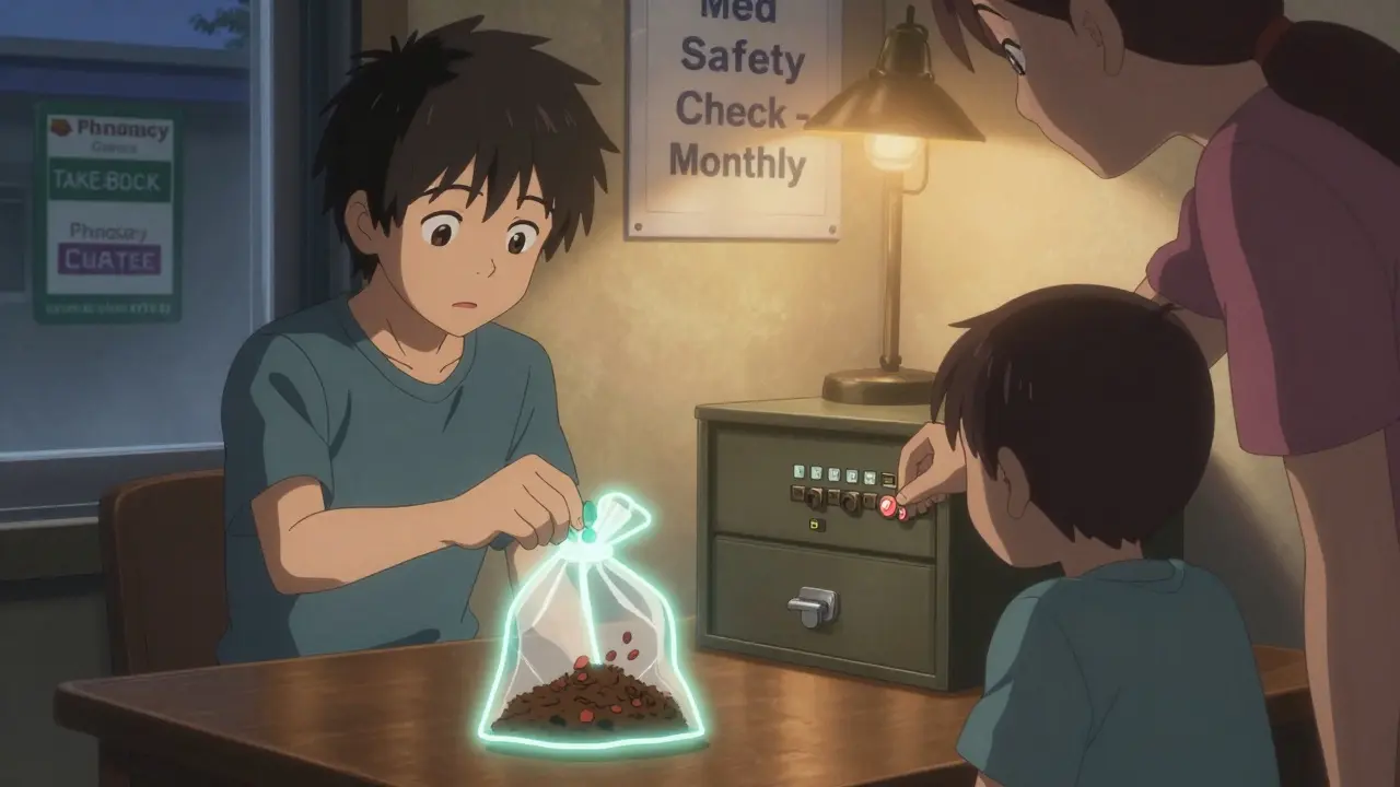 Family disposing of expired meds in a sealed bag with coffee grounds, checking a lockbox under soft evening light.