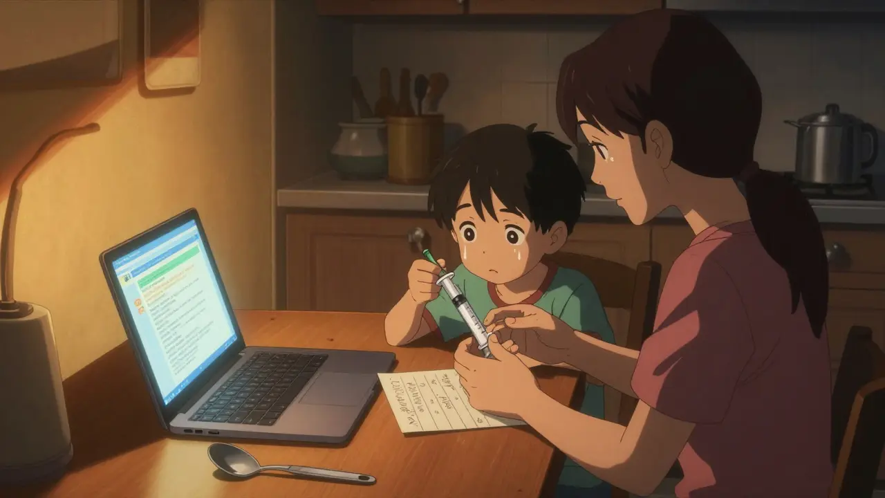 Family giving child medicine with syringe at kitchen table, FDA warning on laptop, discarded spoon in corner