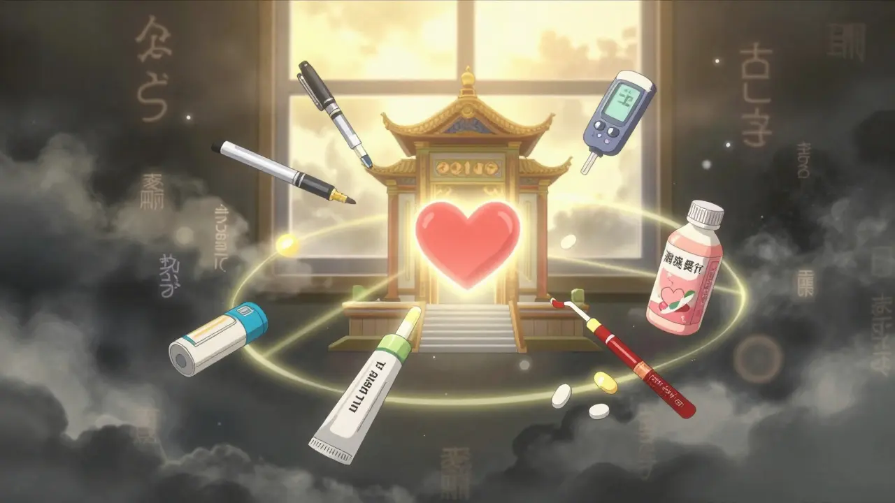 Floating sick day kit with insulin, ketone strips, and drinks forming a protective circle around a glowing heart.