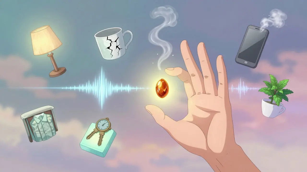 Hand grounding through five senses with floating objects, sounds, and scents in a surreal calm environment.