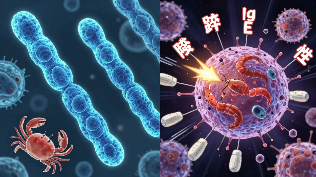 Microscopic view of tropomyosin proteins in shrimp, crab, and dust mites with glowing structures and immune cells reacting.