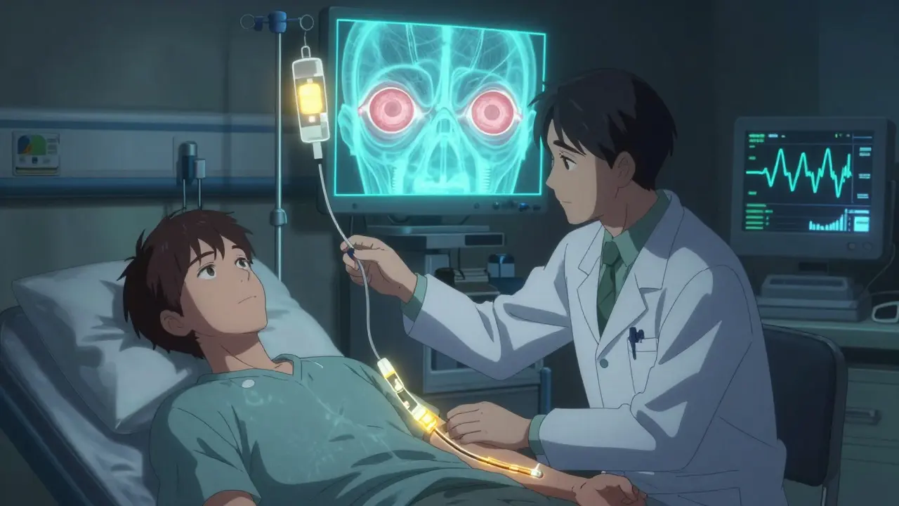 Patient receiving IV biologic treatment, golden blockers flowing into arm as eye tissues shrink in stylized overlay.