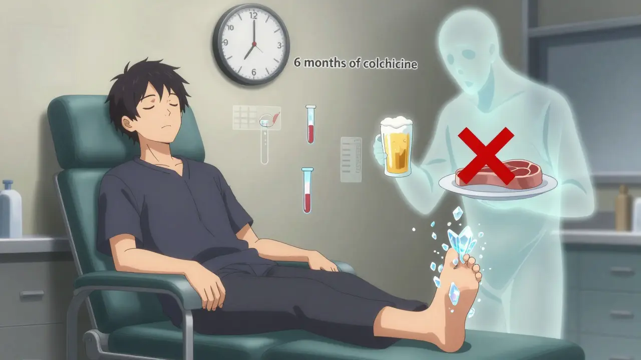 Patient seeing crystals dissolve from toe while past habits fade away in anime style.