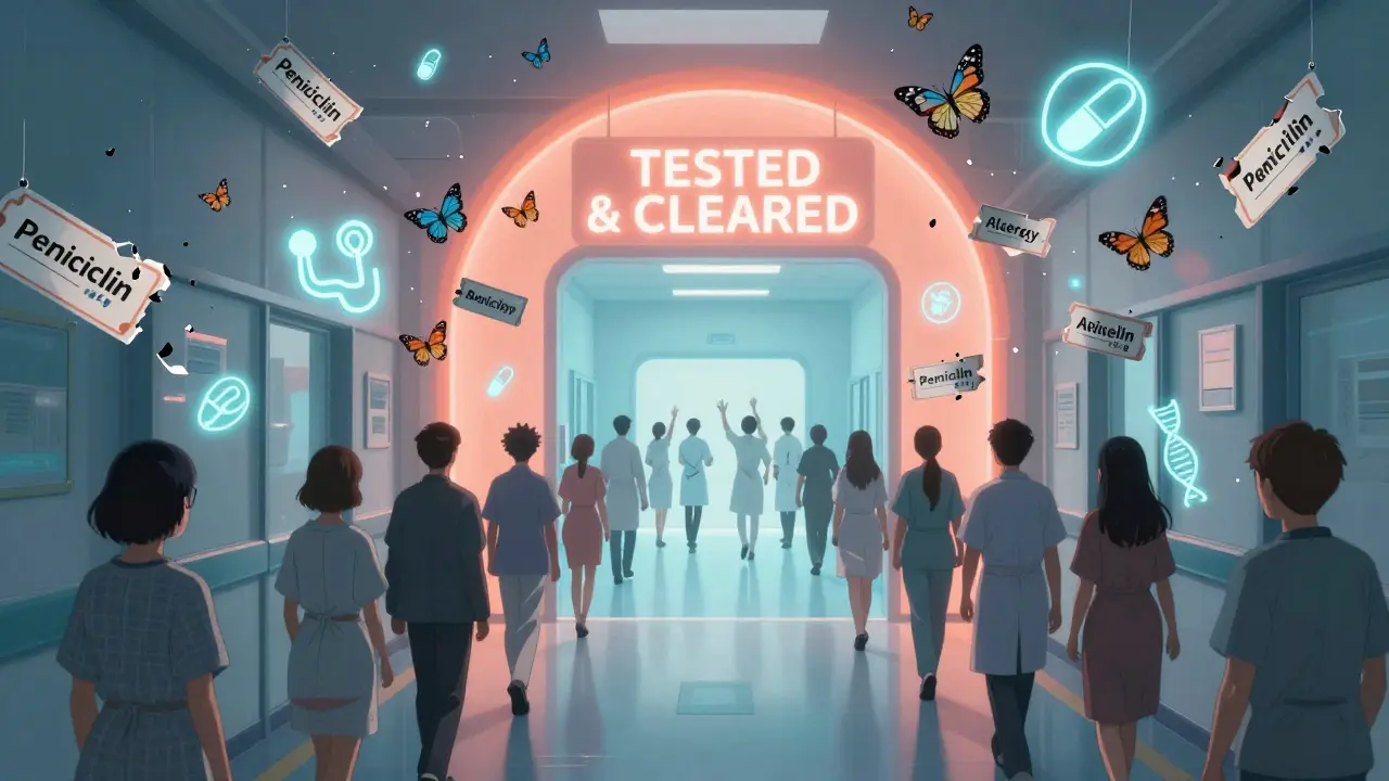 Patients walking through a tunnel where false penicillin allergy labels turn into butterflies as they are cleared.