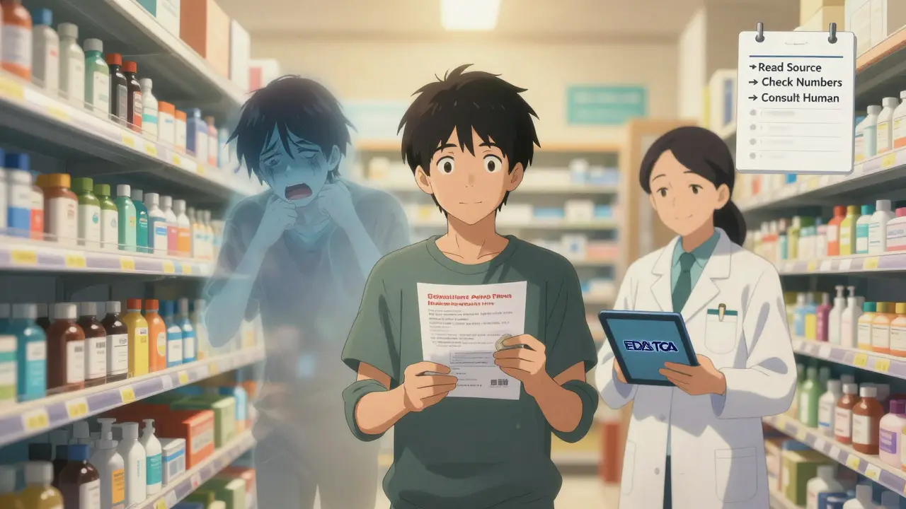 Person calmly at pharmacy with alert and stone, panicked version fading behind as pharmacist offers guidance.