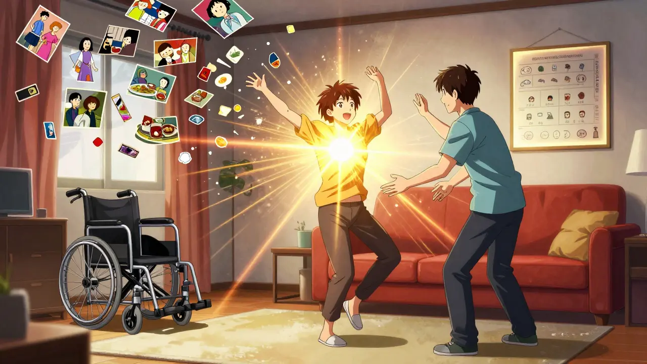 Person dancing with therapist, golden light radiating as memories fade around them.