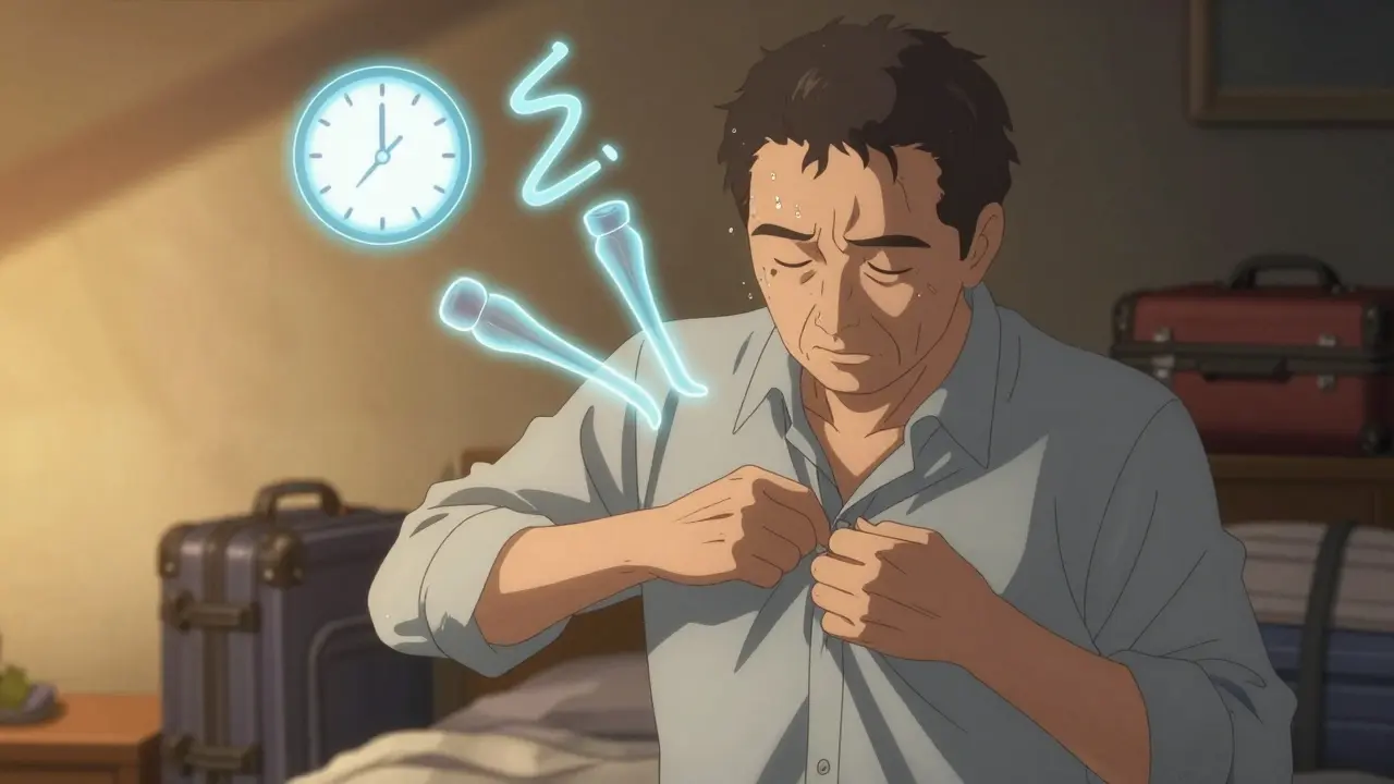 Person struggling to button a shirt, floating icons showing slow movement and stiffness.