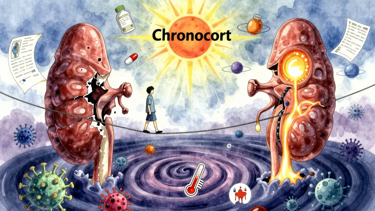 Person walking a tightrope between healthy and damaged adrenal glands in surreal dreamscape.