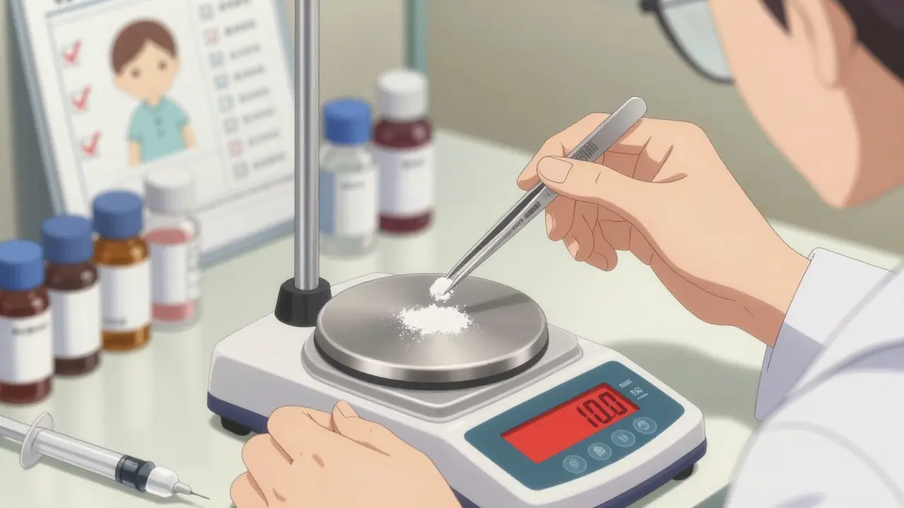 Pharmacist using precision scale to weigh medication ingredients, labeled vials and syringes nearby