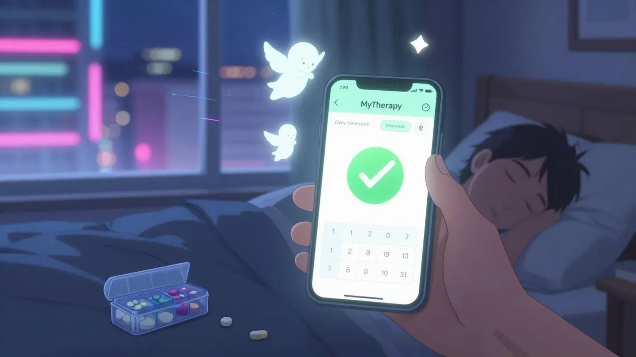 Smartphone app showing pill schedule with glowing reminders beside a sleeping person