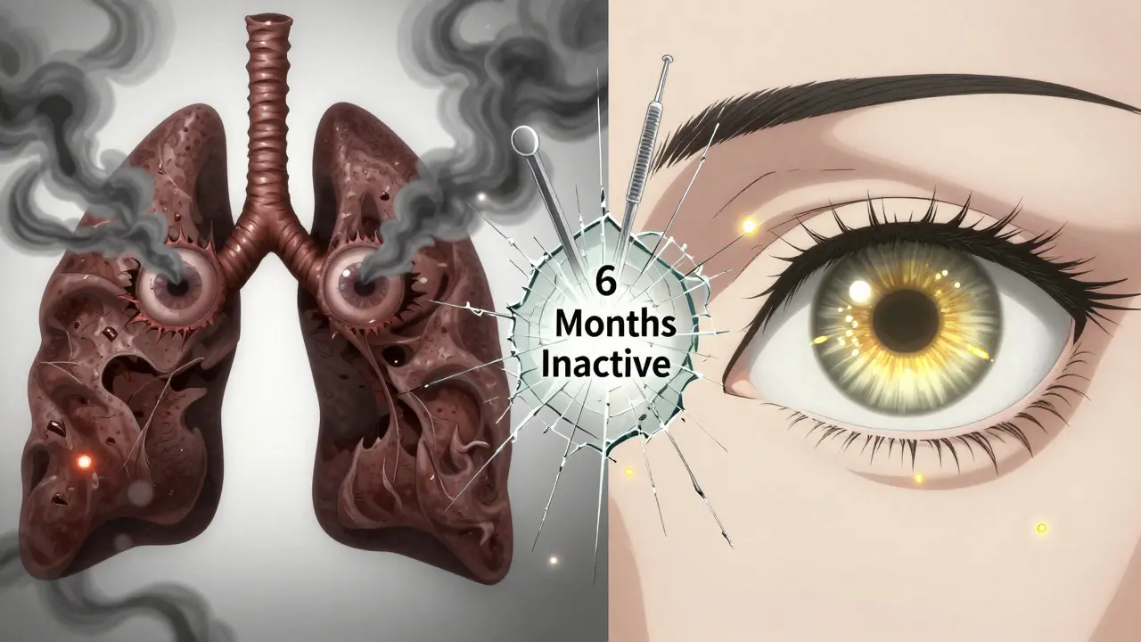Split image: smoker’s eyes under dark smoke vs. healthy eye with selenium and antibodies, symbolizing TED progression and treatment.