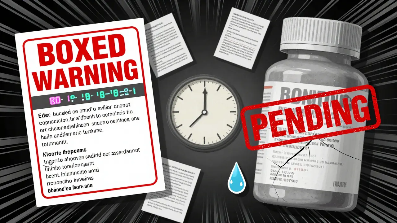 Split image: updated brand label vs frozen generic label with pending stamp