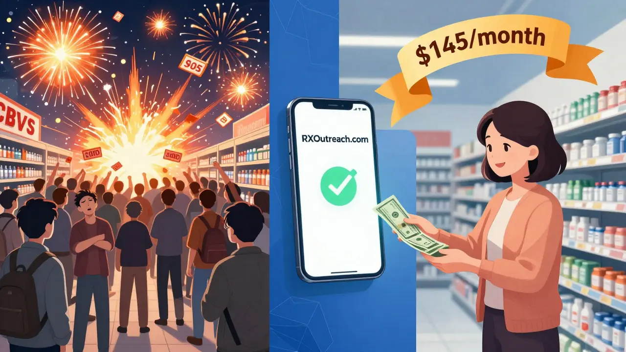 Split scene: chaotic expensive pharmacy vs. calm independent pharmacy with savings ribbon rising above.