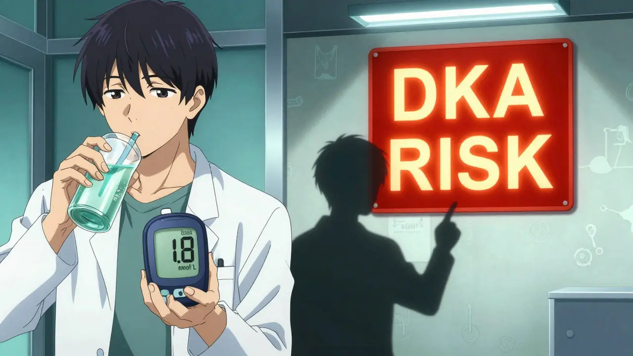 Split scene of someone testing ketones with a warning sign for DKA in the background, medical symbols on walls.