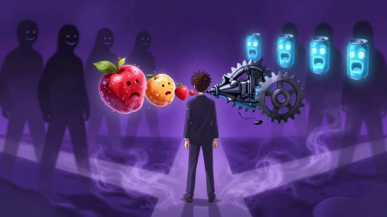 Taste buds turning from natural fruit sensitivity to mechanical distortion from artificial sweeteners.