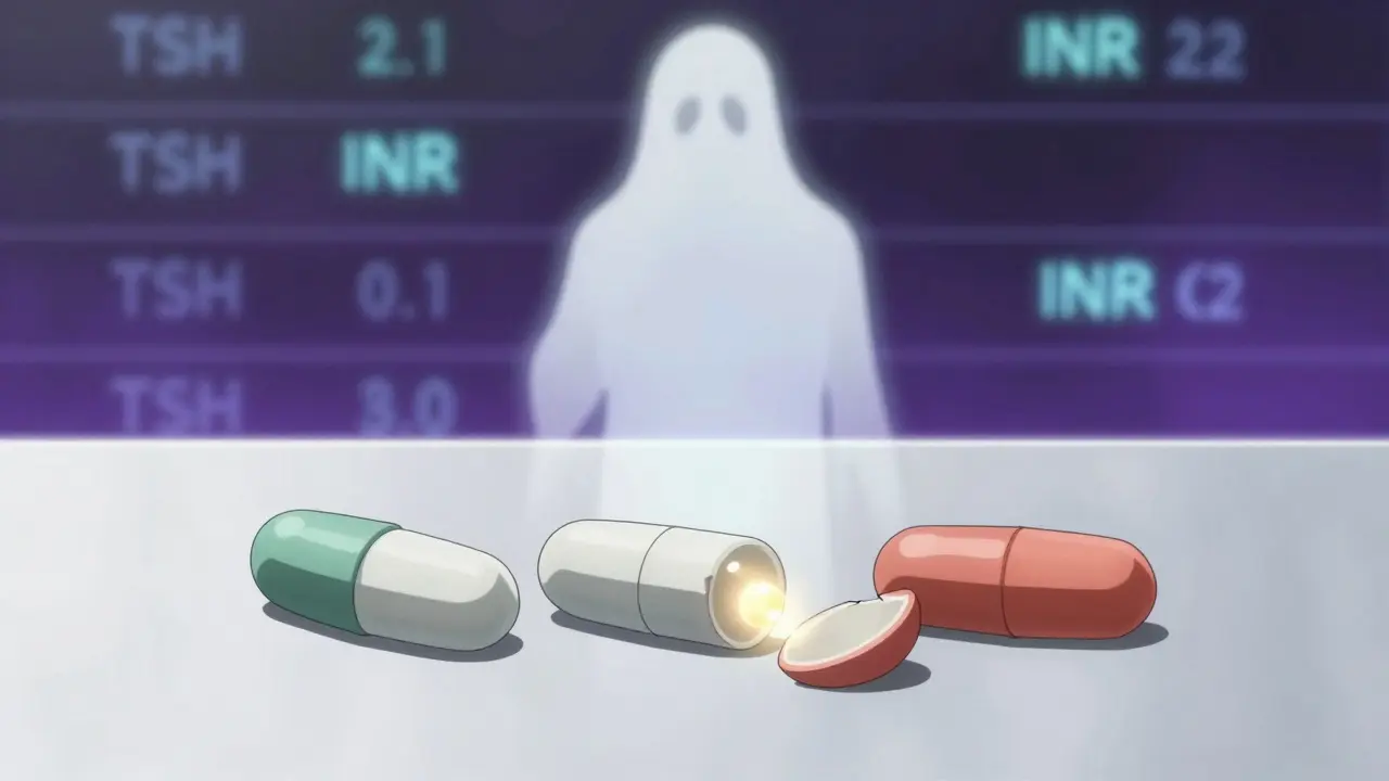 Three different generic pills with glowing fillers and floating lab values on a counter.