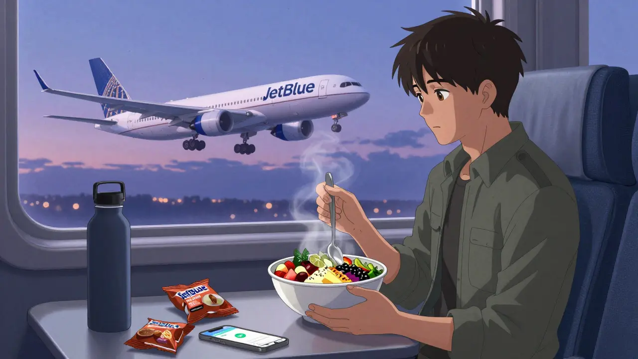 Traveler enjoying a Mediterranean bowl in a lounge as a plane with healthy meal logos flies outside.