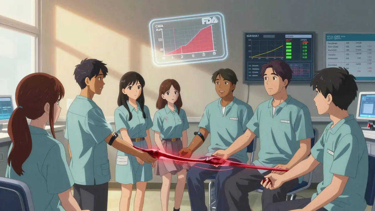 Volunteers in a lab with glowing blood streams forming FDA bioequivalence graphs.