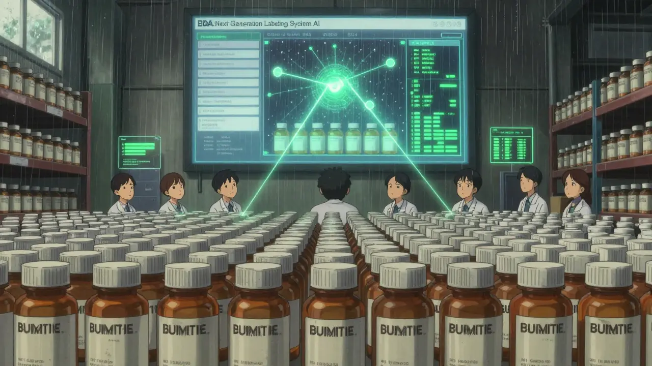 Warehouse of outdated generic drug bottles under AI scanning system