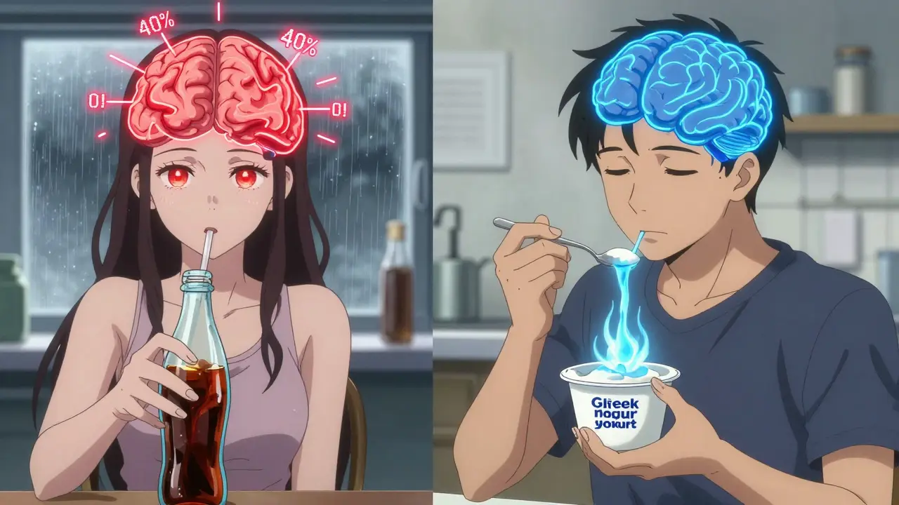 Woman choosing diet soda versus man eating stevia-sweetened yogurt, contrasting brain responses.