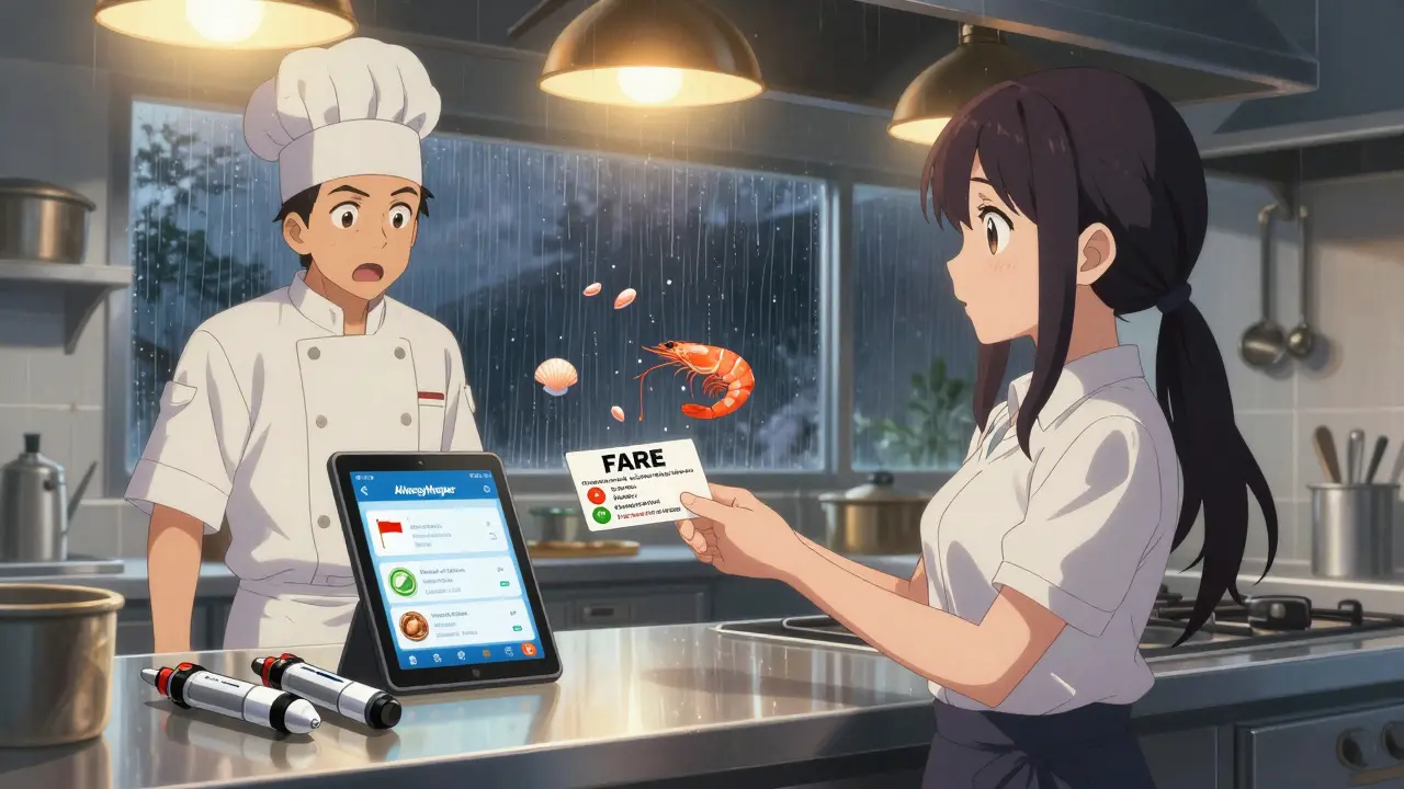 Woman giving chef card to chef in kitchen, tablet showing allergy app, epinephrine injectors visible on counter.