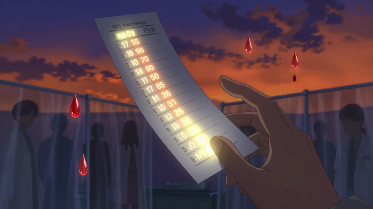 A blood test report with shifting numbers, glowing dangerously, as shadowy figures observe the critical balance of drug levels.