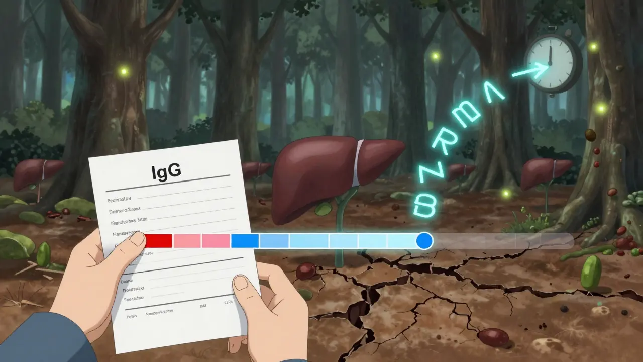 A blood test transforming from red to blue as liver cells regrow in a symbolic forest.