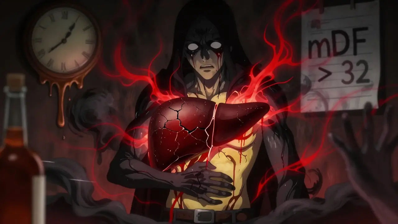A damaged liver with crimson inflammation and jaundiced skin, under dramatic shadows and melting whiskey bottles.
