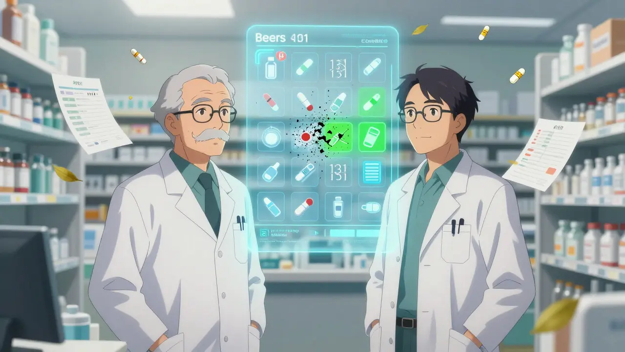 A doctor and pharmacist reviewing a glowing digital list of risky drugs, with icons dissolving into safer alternatives.
