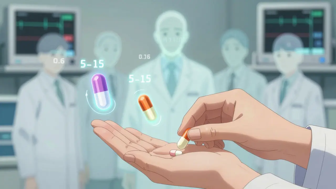 A pharmacist handing a pill while ghostly variants float nearby, showing bioequivalence differences in NTI medications.