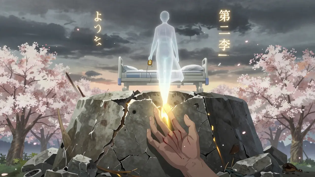 A scarred liver as a stone monument with golden light breaking through, as a figure walks away from a hospital bed.