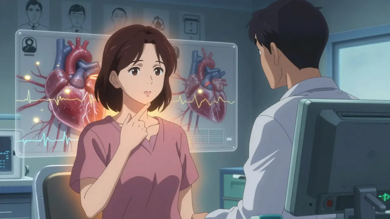 A woman in an ER insisting on heart testing while a doctor ignores her symptoms, with microvascular damage visible in translucent layers.