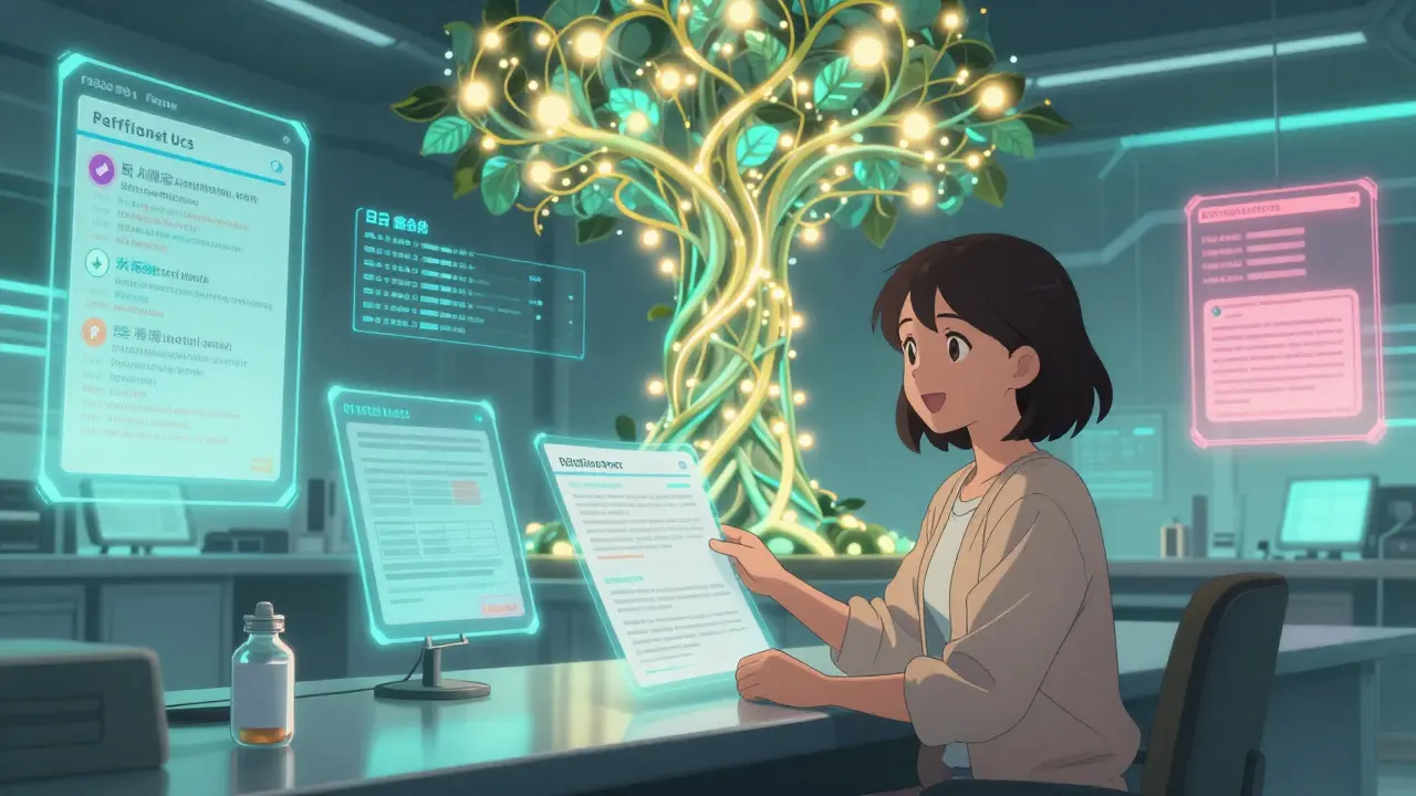 AI-generated data vines forming a safety tree in a futuristic FDA control room.