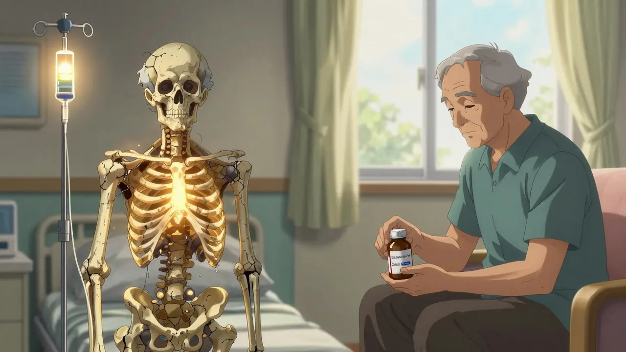 An elderly person receiving a glowing IV bone treatment in a nursing home while another avoids supplements at home.