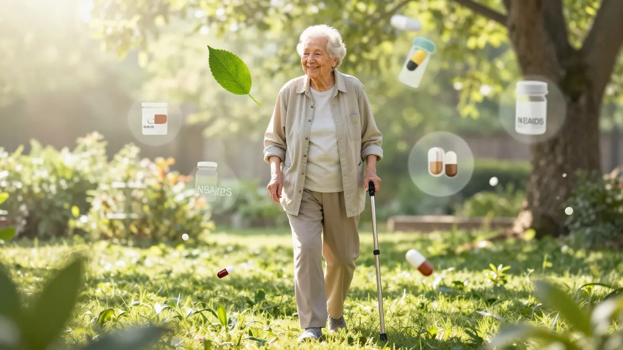 An older adult walking peacefully in a garden, dangerous medication icons fading away behind them.