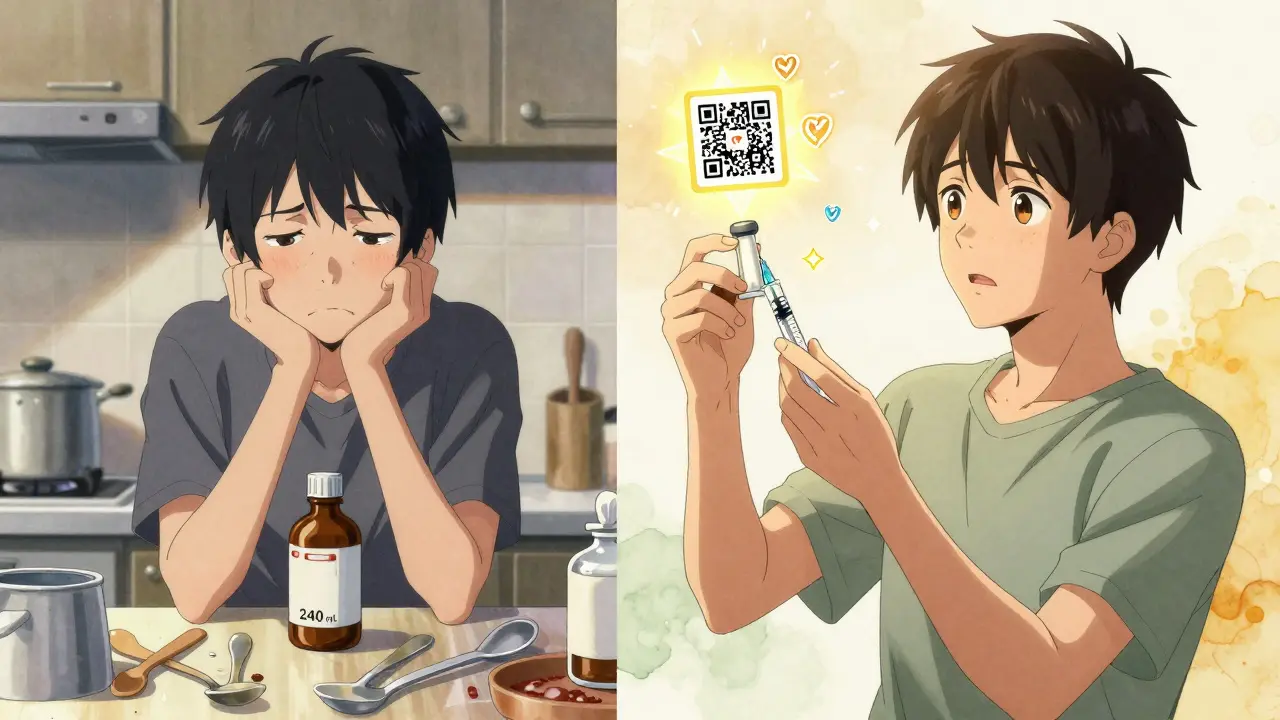 Before and after: confused adult with spoon vs. confident use of syringe with QR code video.