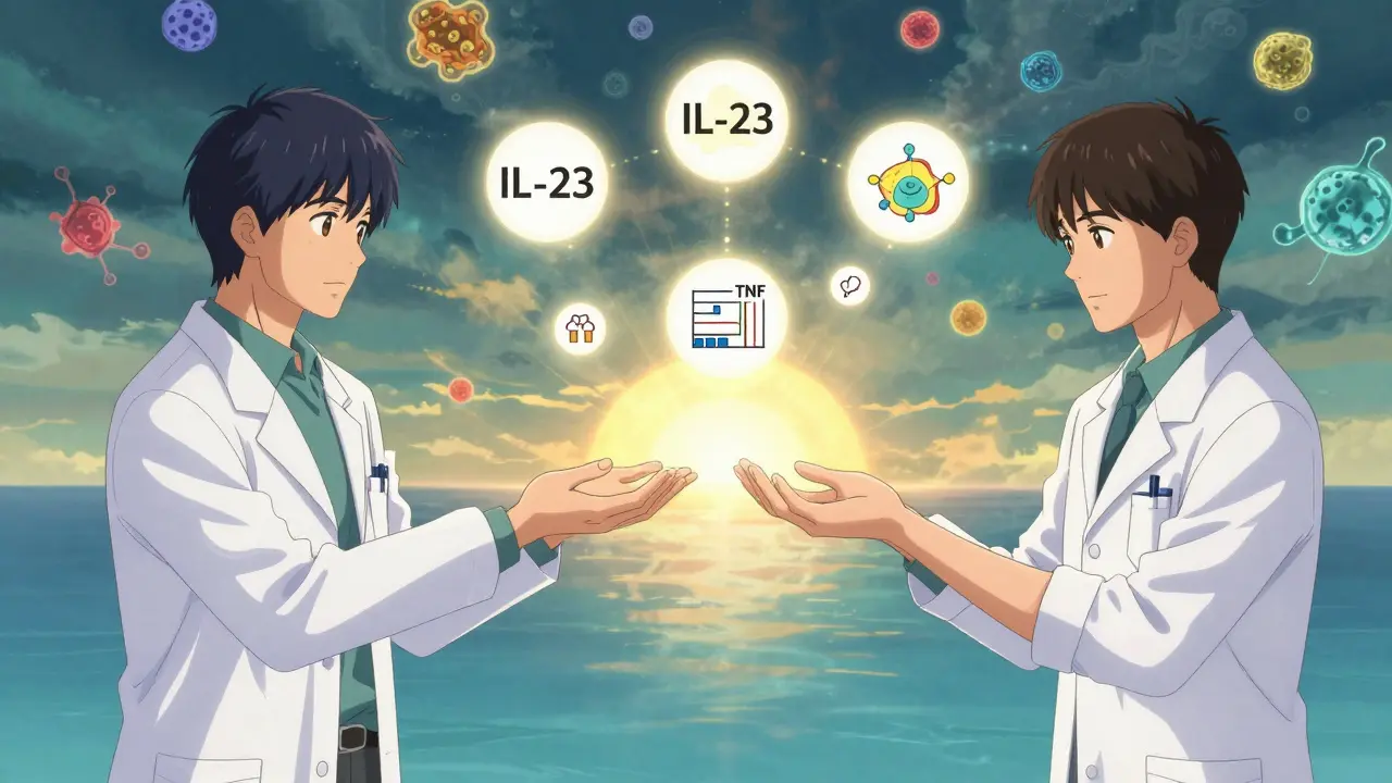 Dermatologist and rheumatologist collaborating to treat psoriatic arthritis with glowing therapeutic symbols.