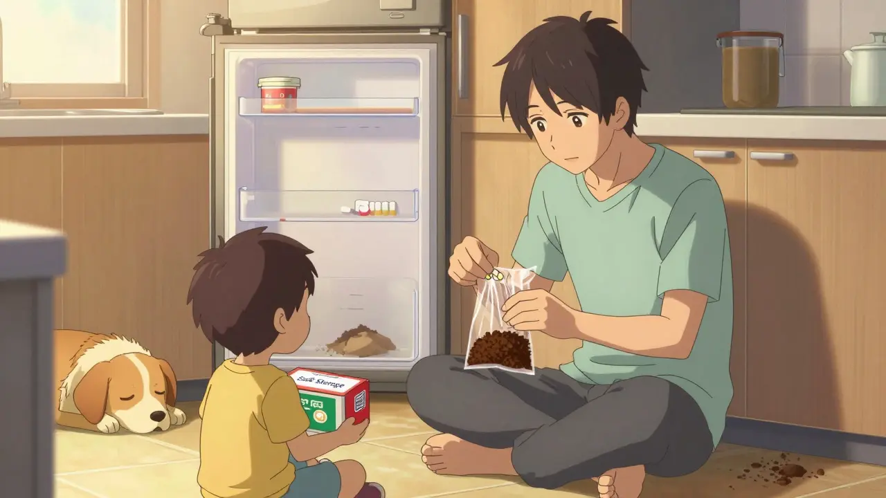 Family disposing of pills mixed with coffee grounds in sealed bag, child and dog safe nearby