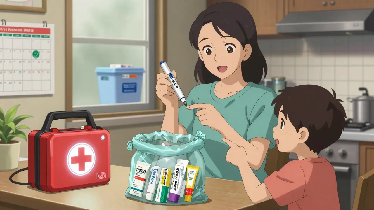 Family preparing emergency supplies with a Bluetooth-enabled first-aid kit and expired items in trash.