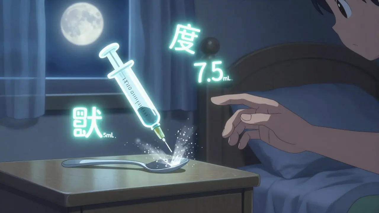 Glowing prescription label with concentration and dosage info above a syringe, kitchen spoon dissolving.