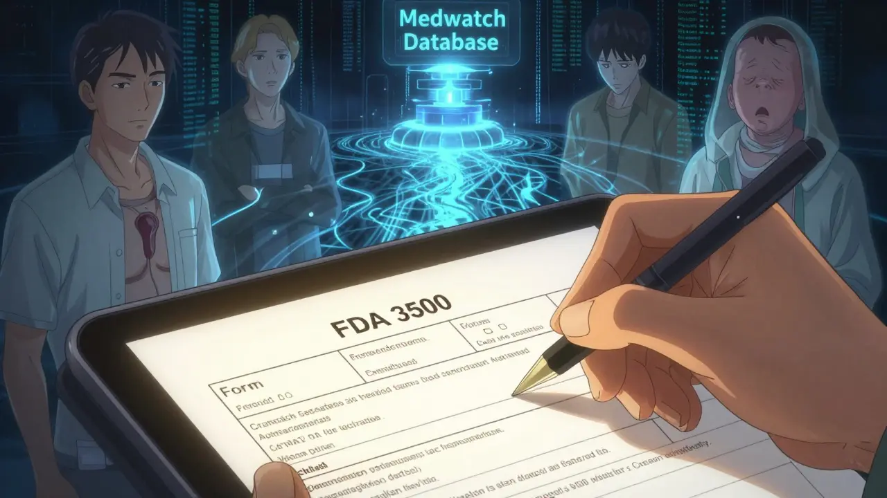 Hand filling out MedWatch form with ghostly patient silhouettes and data streams behind.