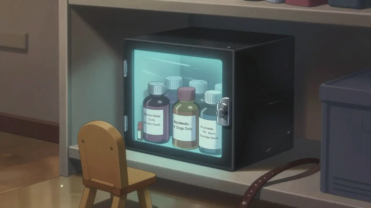 Locked storage box on high shelf with labeled human and pet meds inside, child and dog below