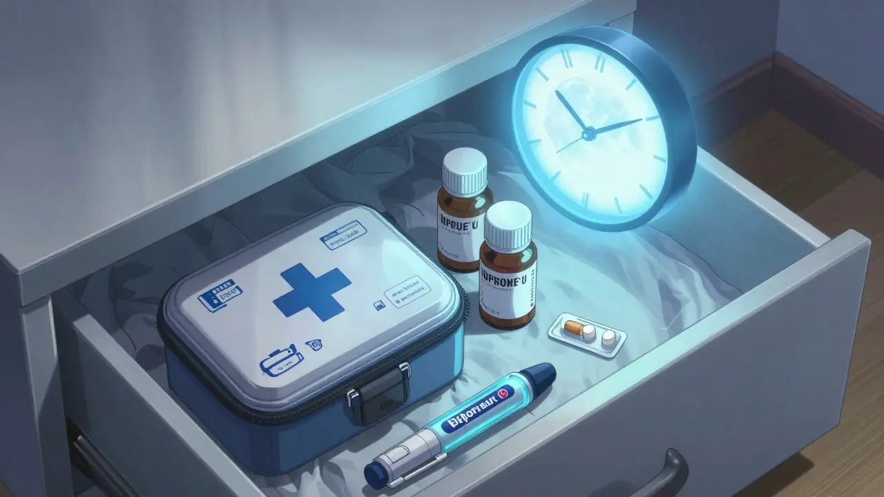 Neatly organized first-aid kit in a bedroom drawer with fresh supplies and glowing expiration labels.