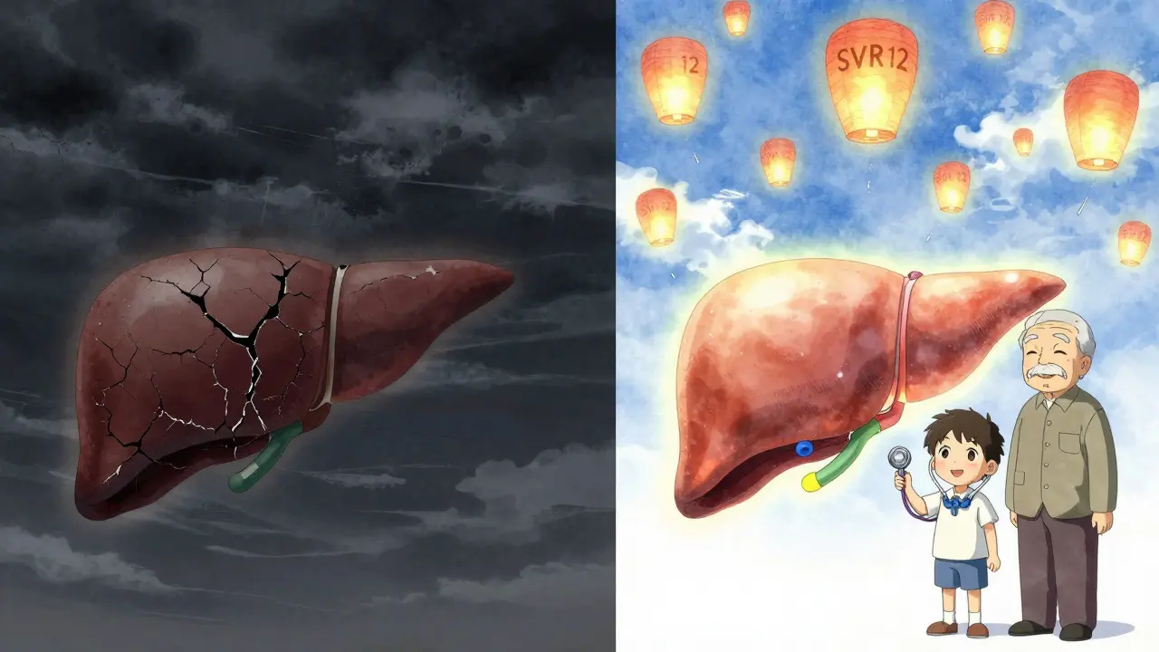 Split image: damaged liver turning into a healthy one, with child and elder smiling together.