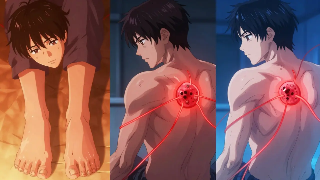 Three patients showing dactylitis, enthesitis, and nail changes linked by glowing threads to a psoriasis plaque.