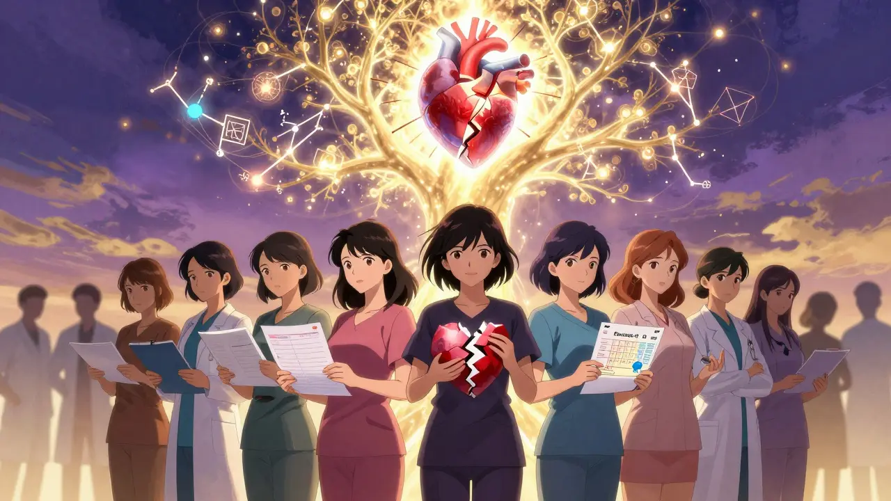 Women uniting around a repaired heart symbol, holding personal health data, as AI constellations heal the damage above them.