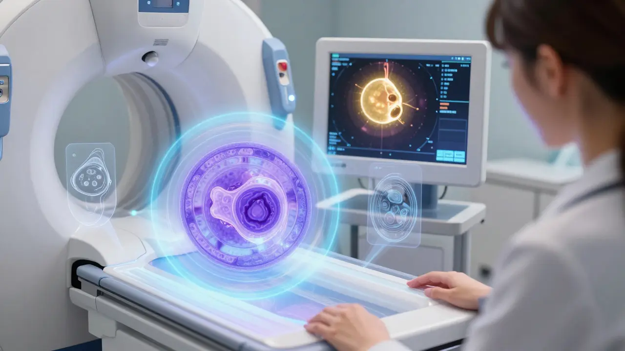 A 3D mammogram machine displaying glowing layers of breast tissue with a woman’s hand resting on it, digital anatomy floating around.